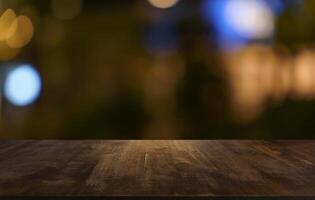 Empty wood table top blur restaurant background selective focus product display. photo