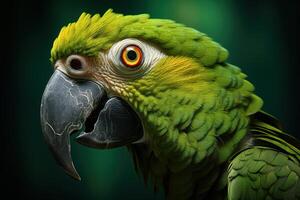 Majestic Amazon Parrot Vibrant Green Feathers Intense Gaze Dark Background Detailed Portrait photo