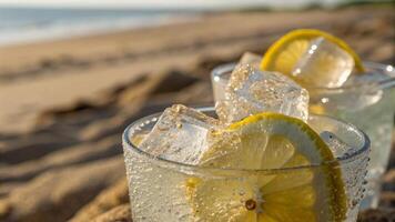 Two glasses of lemonade with ice on the beach photo