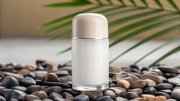 A bottle of cream sits on a stone surface photo
