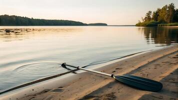 A paddle and oar on the shore of a lake photo