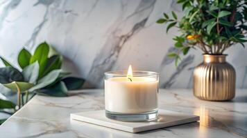 A candle is sitting on a marble counter photo