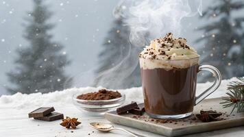 Hot chocolate with whipped cream and chocolate on a snowy background photo