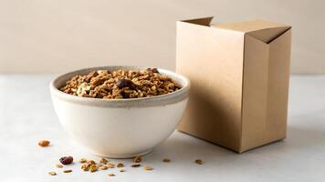 Granola in a bowl next to a box photo