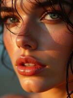 A close up of a woman's face with wet hair photo