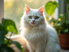 A white cat sitting on a window sill with green eyes photo