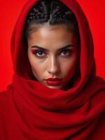 Beautiful woman in red scarf on red background photo