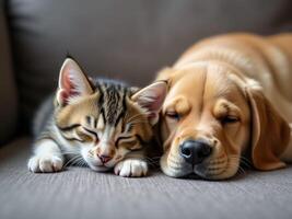 A dog and a kitten are sleeping together photo