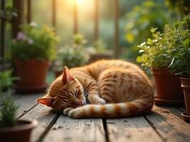 A cat sleeping on a wooden deck with plants photo