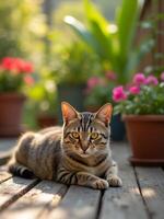 A tabby cat sitting on a wooden deck with flowers photo