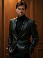 A man in a black suit and turtle neck photo