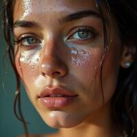A close up of a woman with freckles on her face photo