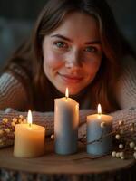 A woman is smiling while holding three candles photo