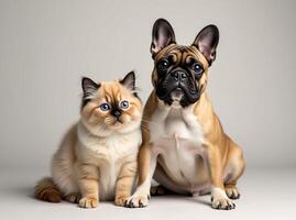 French bulldog and cat on white background photo