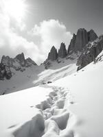 A snow covered mountain with a trail in the middle photo