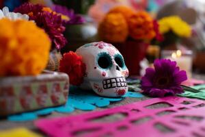 A colorful table with a skull and flowers photo