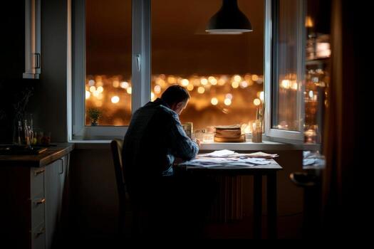 A man sitting at a table in front of a window at night photo