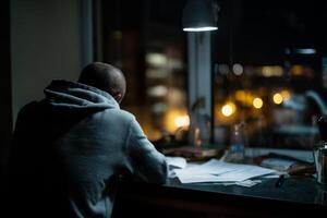 A man sitting at a desk at night with a laptop photo