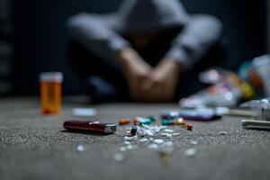 A person sitting on the floor with a bottle of pills and other drugs photo