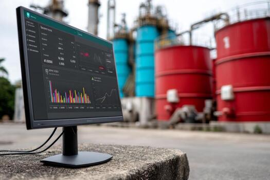 A monitor with a graph on it in front of a refinery photo