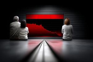 Two people sitting in front of a red screen with a graph photo