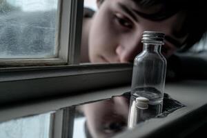 A young boy looking out a window photo