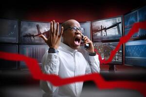 A man on the phone with his hands up in front of a red line photo