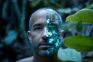 A man with a digital face and a green leaf photo