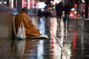 Homeless man sitting on the sidewalk in the rain photo