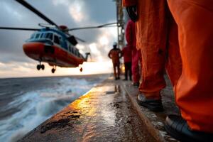 A helicopter is flying over the ocean with people in orange uniforms photo