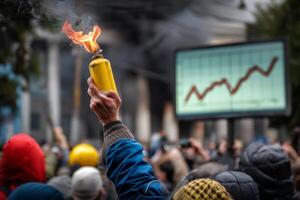 A person holding a yellow torch in front of a crowd photo