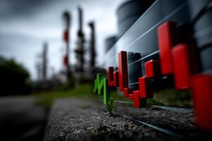 A red and green bar graph is shown in front of a refinery photo