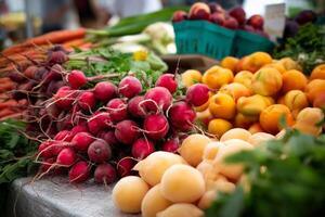 A table full of fresh produce at a farmers market photo