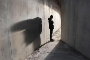 A person standing in a concrete tunnel with a shadow photo