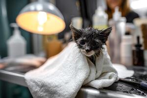 A small kitten is wrapped in a towel photo