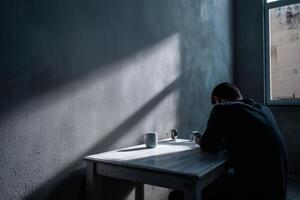 A man sits at a table in a dark room photo
