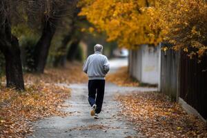 An older man is running down a path in the fall photo