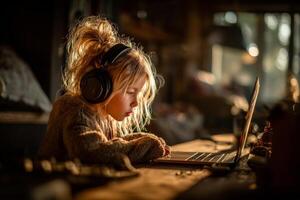 A young girl wearing headphones and sitting at a table with a laptop photo