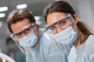 Two people in surgical gear looking at the camera photo