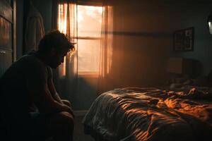 A man sitting in a bedroom with the sun shining through the window photo
