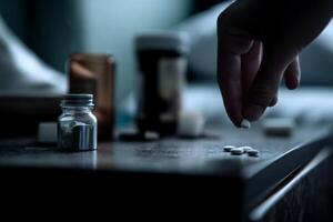 A person is holding a bottle of pills on a table photo