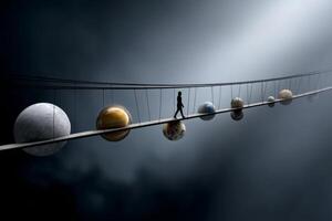 A man walking across a bridge with planets on it photo