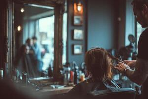 A man is cutting a woman's hair in a salon photo