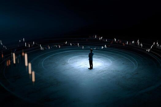 A man standing in front of a circle of stock market graphs photo