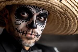 A man with a sombrero and a mexican skull face paint photo