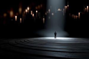 A man standing in the middle of a dark room photo