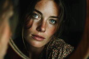A woman looking into a mirror with freckles photo