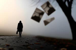 A woman walking down a road with a suitcase photo