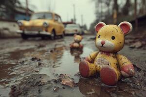 A yellow teddy bear sits in the mud photo