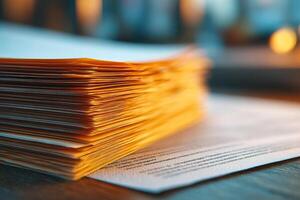 A stack of papers on a table with a candle in the background photo